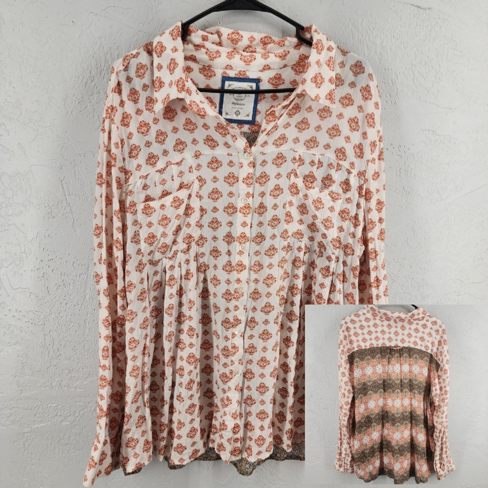 Style & Co Womens XL Orange Damask Print Boho Button Up Peasant Blouse Artsy